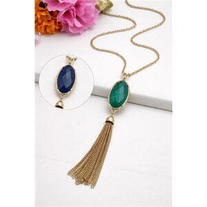 Premier Designs Reversible Pendant Necklace Gold Tone Tassel 40" Adjustable